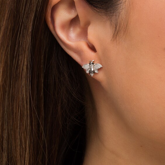 Black Enhanced and White Diamond Accent Bee Stud Earrings in Sterling Silver