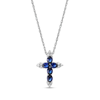 Oval Blue and White Lab-Created Sapphire Tri-Point Cross Pendant in Sterling Silver