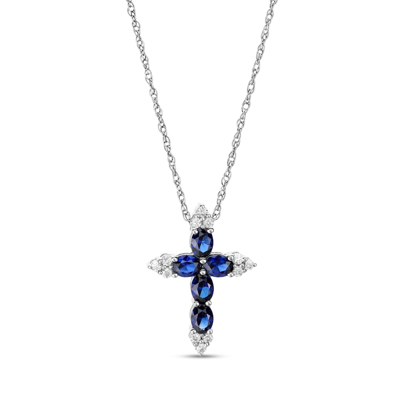 Oval Blue and White Lab-Created Sapphire Tri-Point Cross Pendant in Sterling Silver