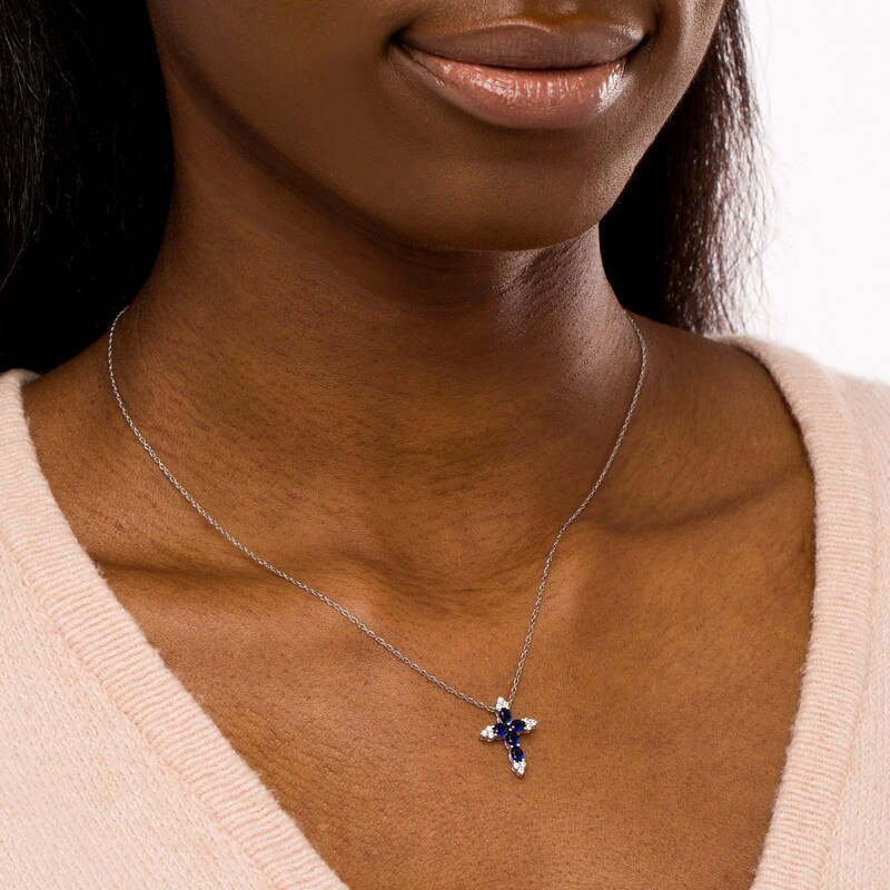 Oval Blue and White Lab-Created Sapphire Tri-Point Cross Pendant in Sterling Silver