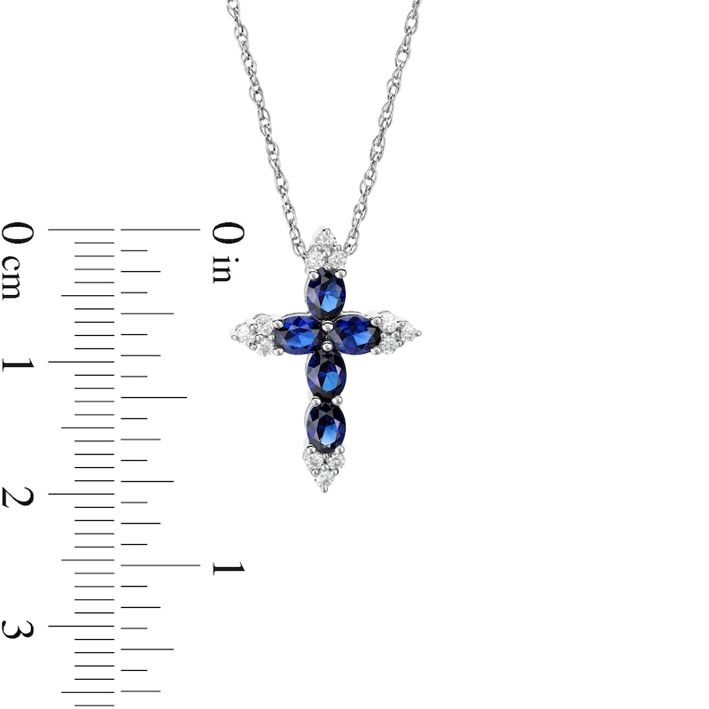 Oval Blue and White Lab-Created Sapphire Tri-Point Cross Pendant in Sterling Silver