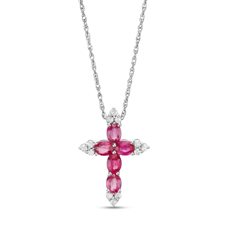 Oval Lab-Created Ruby and White Sapphire Tri-Point Cross Pendant in Sterling Silver