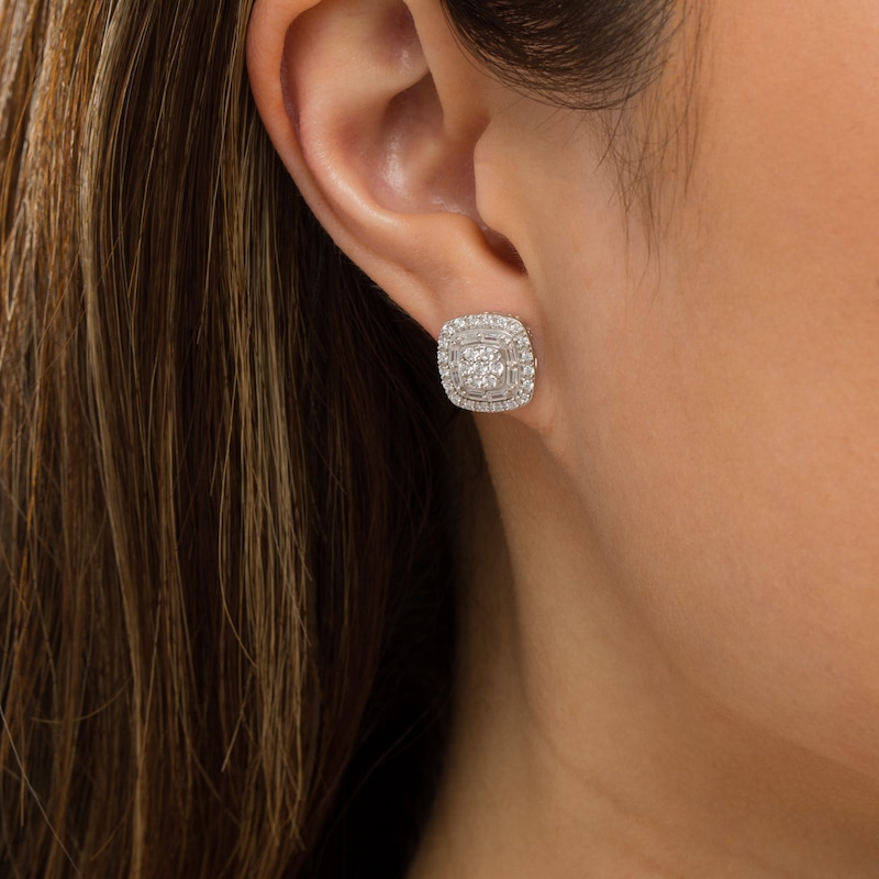 Main Image 2 of 1.00 CT. T.W. Composite Cushion-Shaped Diamond Stud Earrings in 10K White Gold