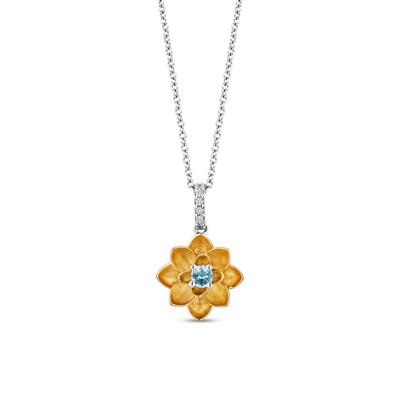 Enchanted Disney Jasmine Swiss Blue Topaz and Diamond Accent Flower Pendant in Sterling Silver and 10K Gold – 19"