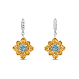 Enchanted Disney Jasmine Swiss Blue Topaz and 0.04 CT. T.W. Diamond Flower Drop Earrings in Sterling Silver and 10K Gold