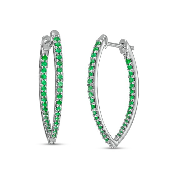 Graduating Lab-Created Emerald V-Shape Oval Inside-Out Hoop Earrings in Sterling Silver