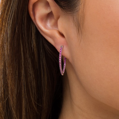 Graduating Lab-Created Ruby V-Shape Oval Inside-Out Hoop Earrings in Sterling Silver