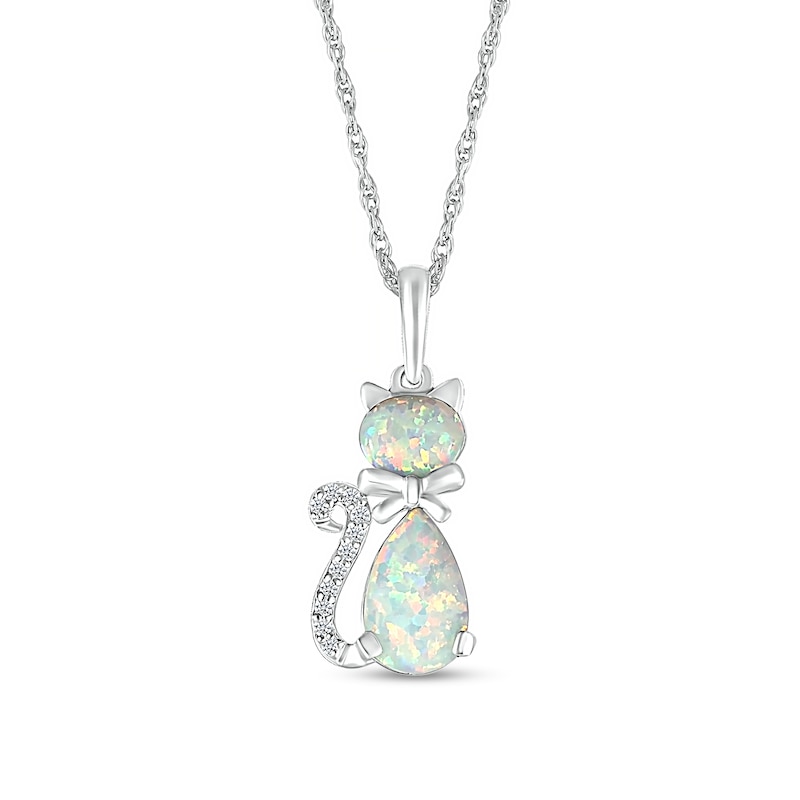 Pear-Shaped and Sideways Oval Lab-Created Opal and Diamond Accent Cat Pendant in Sterling Silver|Peoples Jewellers