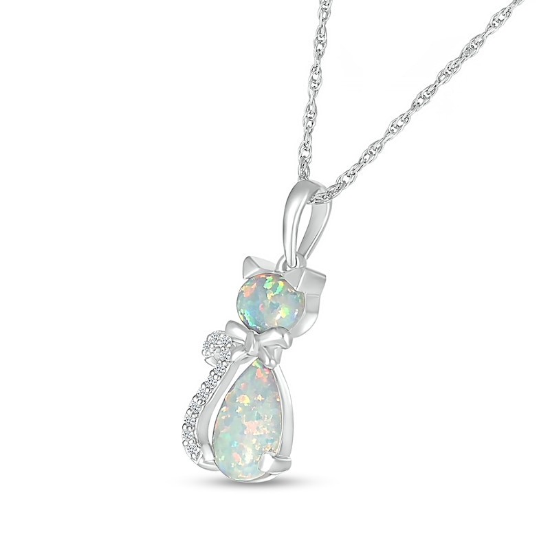Pear-Shaped and Sideways Oval Lab-Created Opal and Diamond Accent Cat Pendant in Sterling Silver