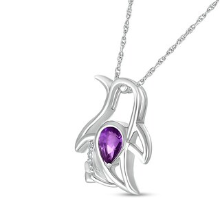 Pear-Shaped Amethyst and Diamond Accent Sitting Penguin Outline Pendant in Sterling Silver