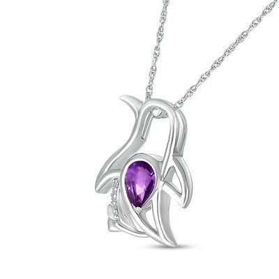 Pear-Shaped Amethyst and Diamond Accent Sitting Penguin Outline Pendant in Sterling Silver