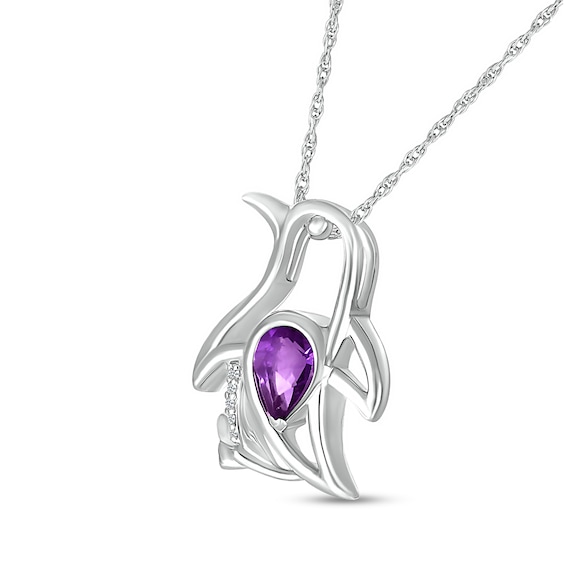 Pear-Shaped Amethyst and Diamond Accent Sitting Penguin Outline Pendant in Sterling Silver