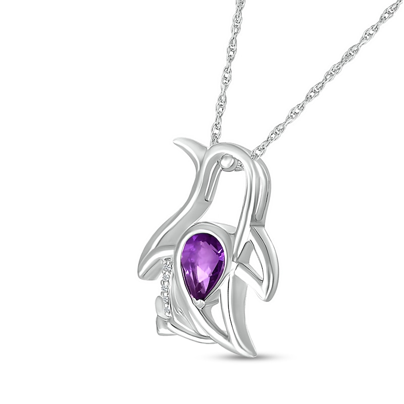Pear-Shaped Amethyst and Diamond Accent Sitting Penguin Outline Pendant in Sterling Silver