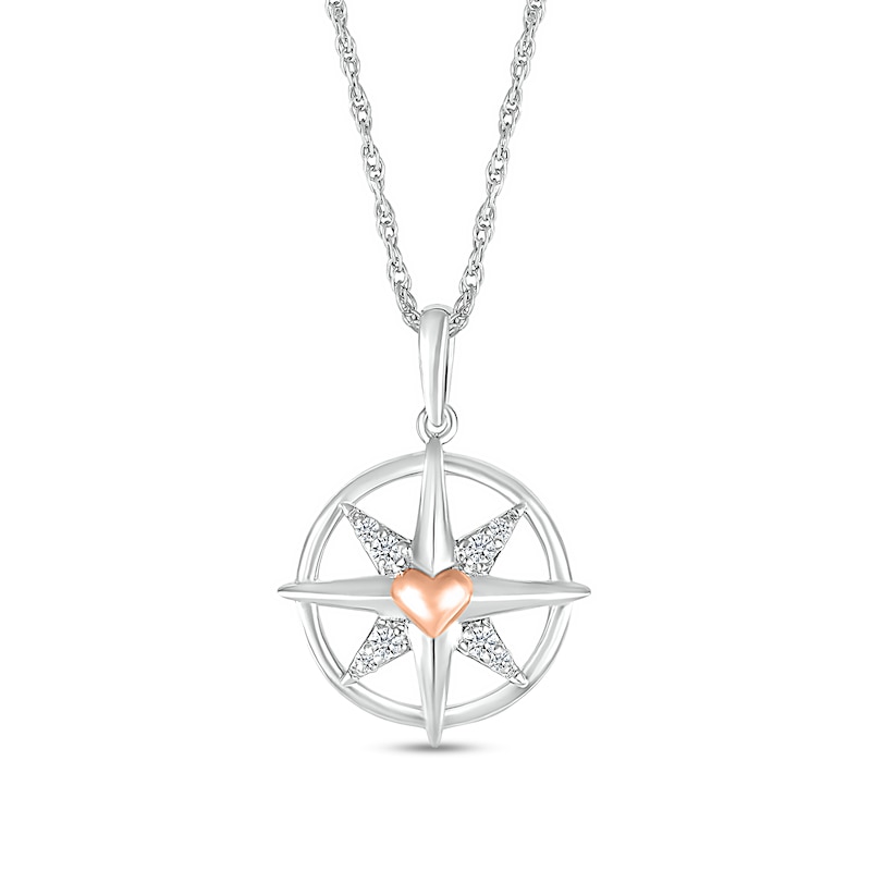 White Lab-Created Sapphire with Puff Heart Accent North Star Compass Pendant in Sterling Silver and 10K Rose Gold