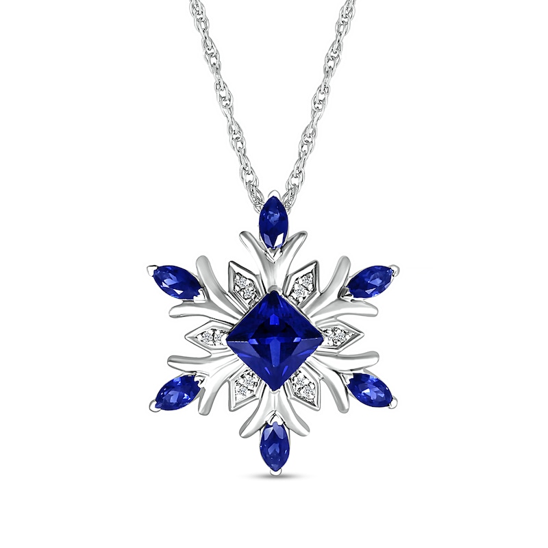5.0mm Princess-Cut and Marquise Blue Lab-Created Sapphire with Diamond Accent Snowflake Pendant in Sterling Silver