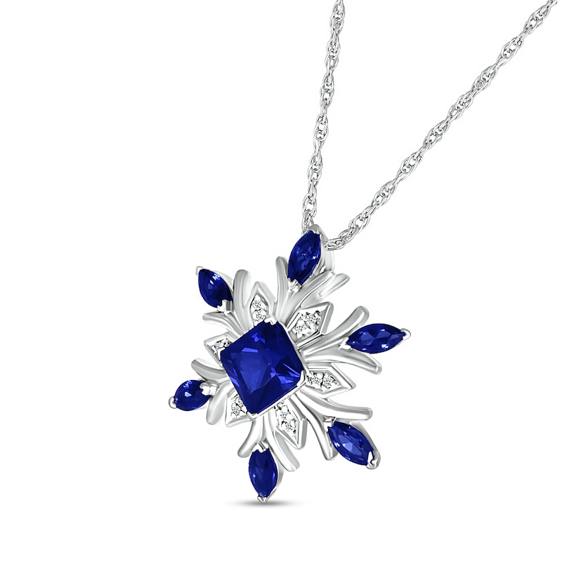 5.0mm Princess-Cut and Marquise Blue Lab-Created Sapphire with Diamond Accent Snowflake Pendant in Sterling Silver