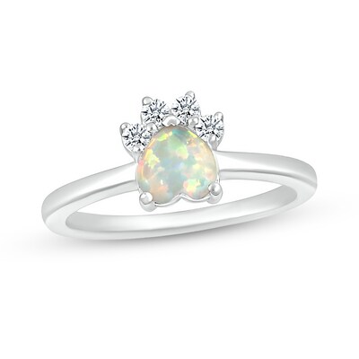 6.0mm Heart-Shaped Lab-Created Opal and White Lab-Created Sapphire Paw Print Ring in Sterling Silver