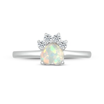 6.0mm Heart-Shaped Lab-Created Opal and White Lab-Created Sapphire Paw Print Ring in Sterling Silver