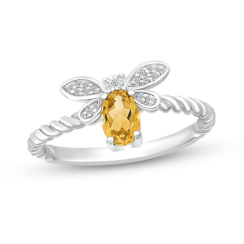 Main Image 1 of Oval Citrine and Diamond Accent Rope-Textured Dragonfly Ring in Sterling Silver
