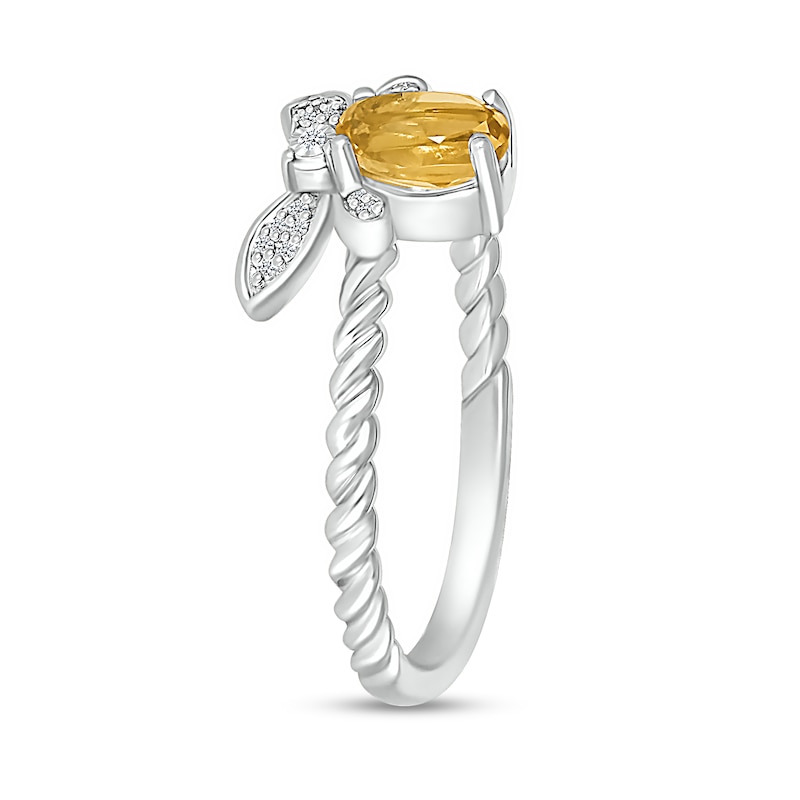 Oval Citrine and Diamond Accent Rope-Textured Dragonfly Ring in Sterling Silver