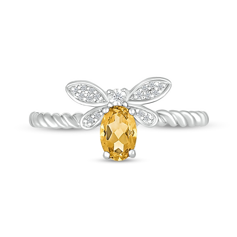Main Image 3 of Oval Citrine and Diamond Accent Rope-Textured Dragonfly Ring in Sterling Silver