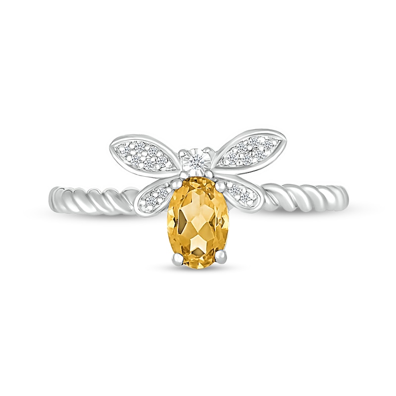 Oval Citrine and Diamond Accent Rope-Textured Dragonfly Ring in Sterling Silver