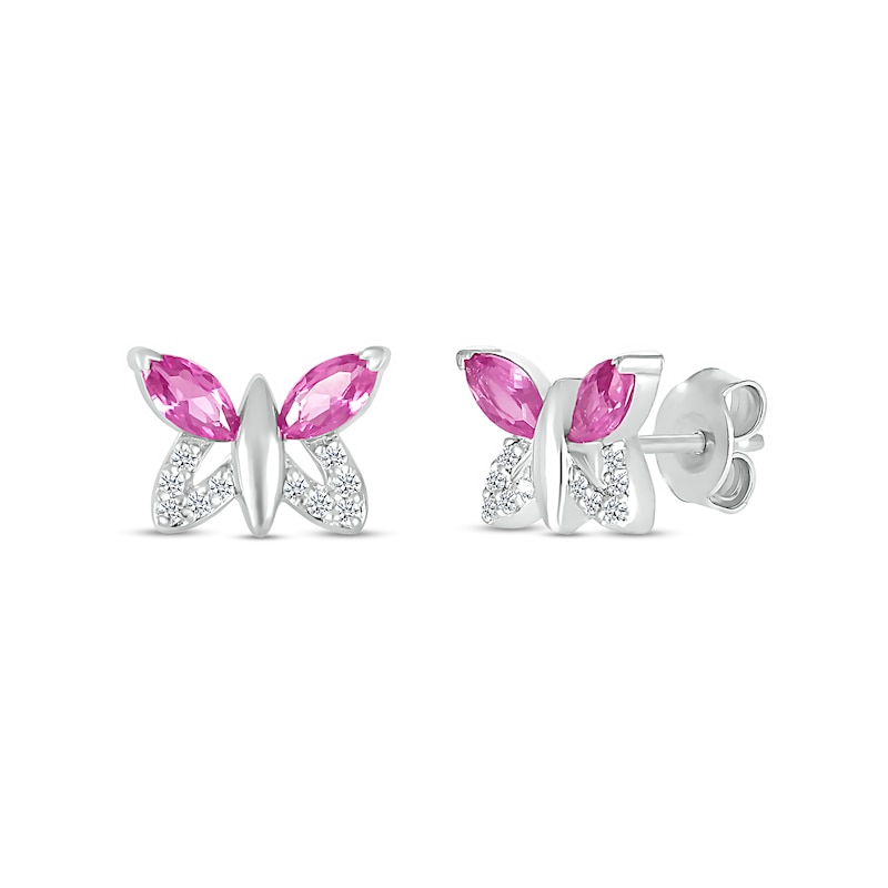 Marquise Pink and White Lab-Created Sapphire Butterfly with Wing Outline Stud Earrings in Sterling Silver|Peoples Jewellers