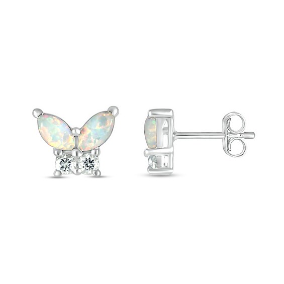 Marquise Lab-Created Opal and White Lab-Created Sapphire Butterfly Stud Earrings in Sterling Silver