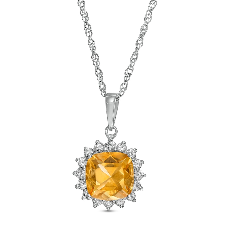 7.0mm Cushion-Cut Citrine and White Lab-Created Sapphire Shadow Frame Pendant in 10K White Gold