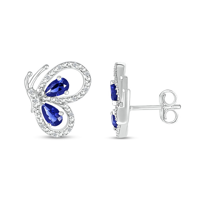 Main Image 2 of Pear-Shaped Blue Lab-Created Sapphire and 0.04 CT. T.W. Diamond Butterfly Profile Stud Earrings in Sterling Silver