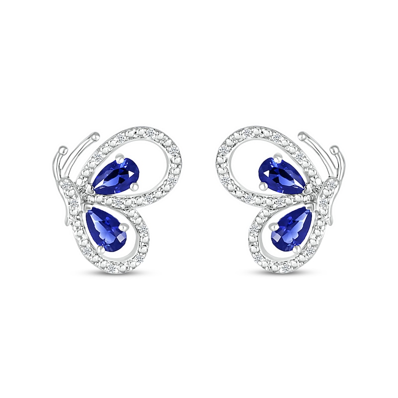 Main Image 3 of Pear-Shaped Blue Lab-Created Sapphire and 0.04 CT. T.W. Diamond Butterfly Profile Stud Earrings in Sterling Silver