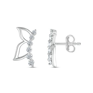 White Lab-Created Sapphire Graduated Curved Butterfly Profile with Wing Outline Stud Earrings in Sterling Silver