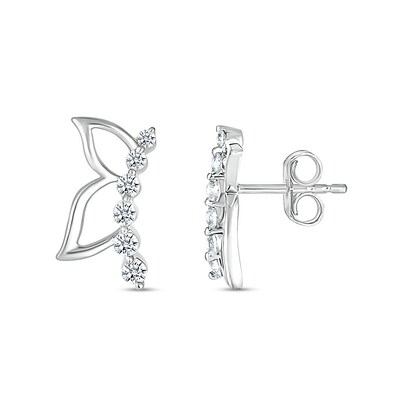 White Lab-Created Sapphire Graduated Curved Butterfly Profile with Wing Outline Stud Earrings in Sterling Silver