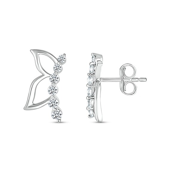 White Lab-Created Sapphire Graduated Curved Butterfly Profile with Wing Outline Stud Earrings in Sterling Silver