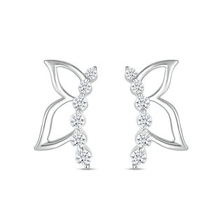 White Lab-Created Sapphire Graduated Curved Butterfly Profile with Wing Outline Stud Earrings in Sterling Silver