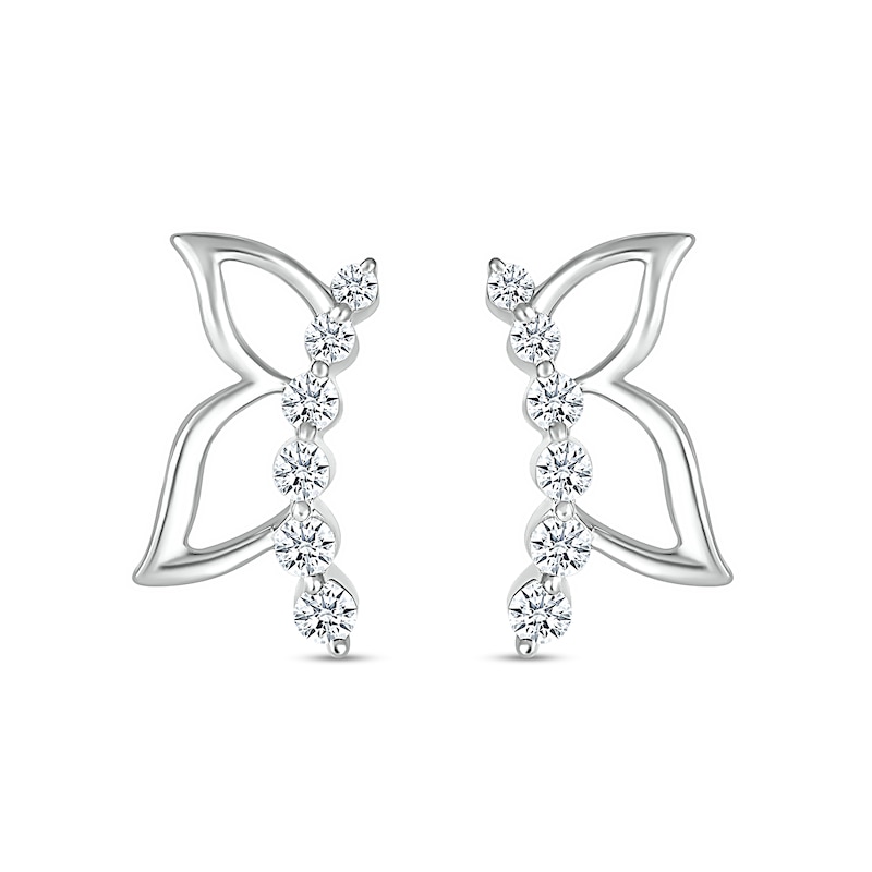 White Lab-Created Sapphire Graduated Curved Butterfly Profile with Wing Outline Stud Earrings in Sterling Silver