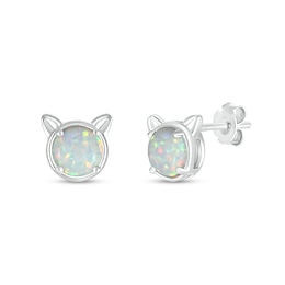 6.0mm Lab-Created Opal Cat Head Stud Earrings in Sterling Silver