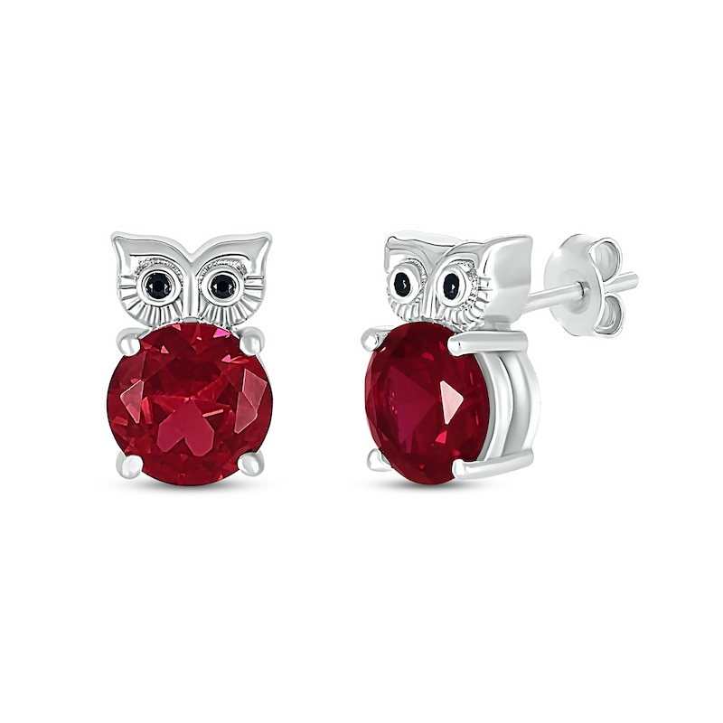 7.0mm Lab-Created Ruby and Black Diamond Accent Owl Stud Earrings in Sterling Silver|Peoples Jewellers