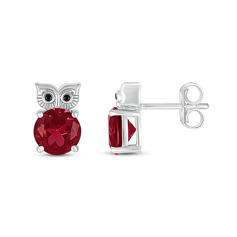 7.0mm Lab-Created Ruby and Black Diamond Accent Owl Stud Earrings in Sterling Silver|Peoples Jewellers