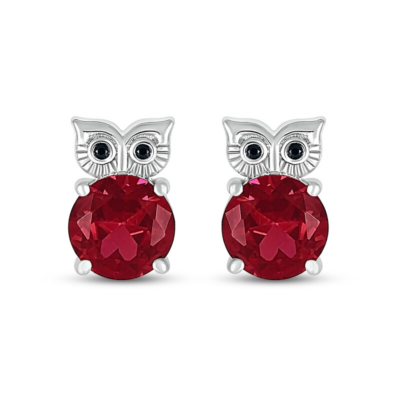 Main Image 3 of 7.0mm Lab-Created Ruby and Black Diamond Accent Owl Stud Earrings in Sterling Silver