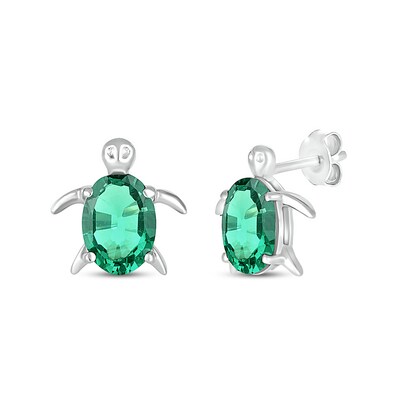 Oval Lab-Created Emerald Sea Turtle Stud Earrings in Sterling Silver