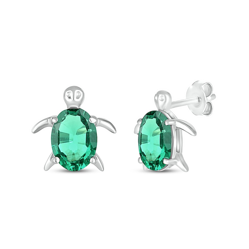 Oval Lab-Created Emerald Sea Turtle Stud Earrings in Sterling Silver|Peoples Jewellers