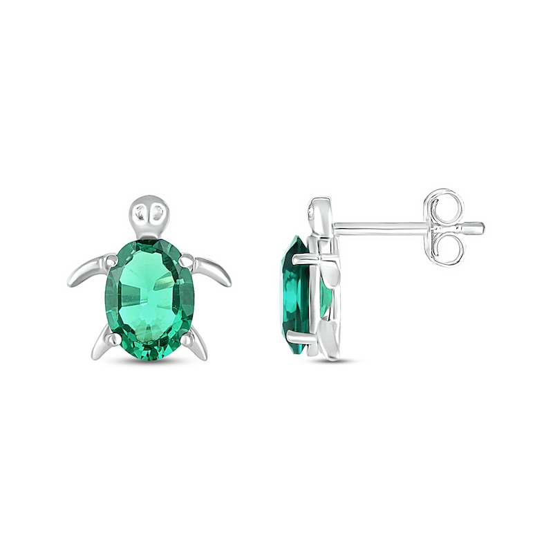 Main Image 2 of Oval Lab-Created Emerald Sea Turtle Stud Earrings in Sterling Silver