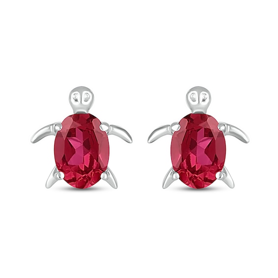Oval Lab-Created Ruby Sea Turtle Stud Earrings in Sterling Silver