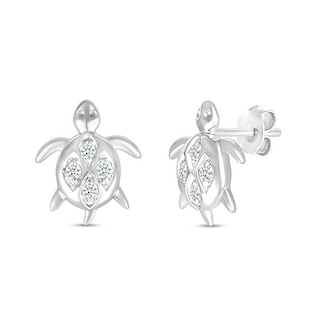 White Lab-Created Sapphire Quad in Marquise Frame Sea Turtle Stud Earrings in Sterling Silver