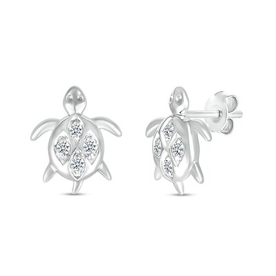 White Lab-Created Sapphire Quad in Marquise Frame Sea Turtle Stud Earrings in Sterling Silver