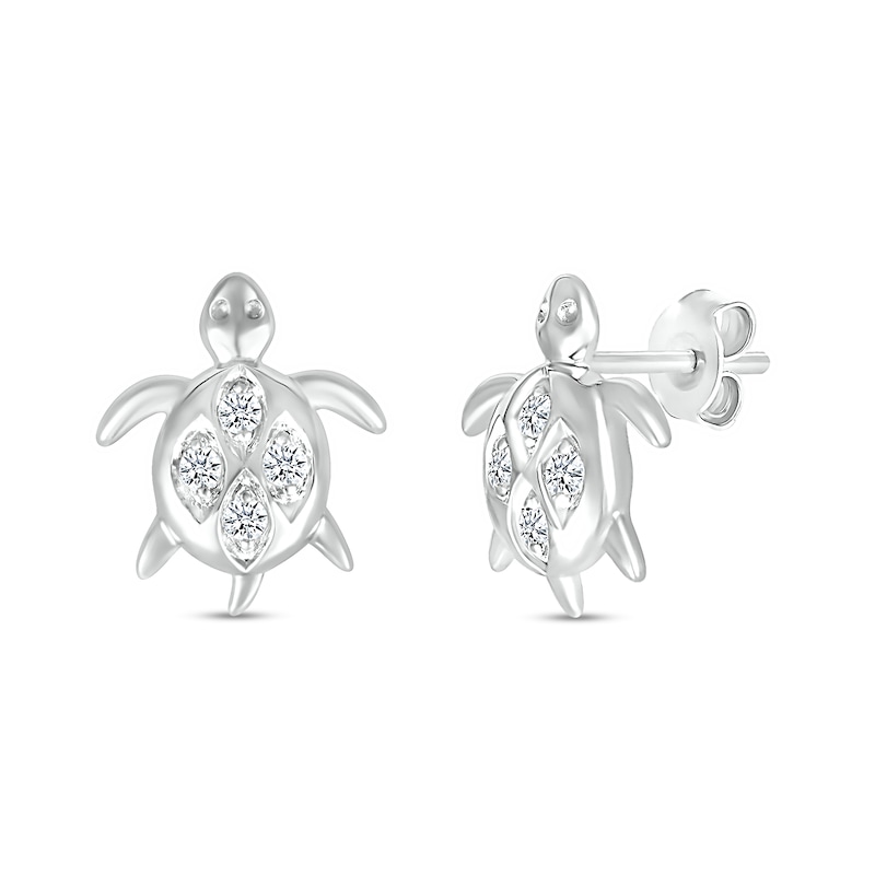 White Lab-Created Sapphire Quad in Marquise Frame Sea Turtle Stud Earrings in Sterling Silver