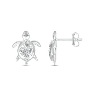 White Lab-Created Sapphire Quad in Marquise Frame Sea Turtle Stud Earrings in Sterling Silver