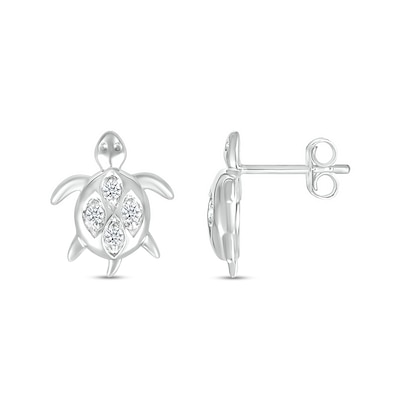 White Lab-Created Sapphire Quad in Marquise Frame Sea Turtle Stud Earrings in Sterling Silver