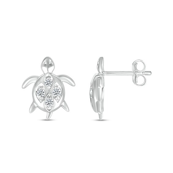 White Lab-Created Sapphire Quad in Marquise Frame Sea Turtle Stud Earrings in Sterling Silver
